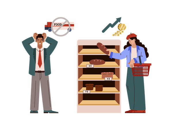 Frustrated people in supermarket cannot afford buying bread  Illustration