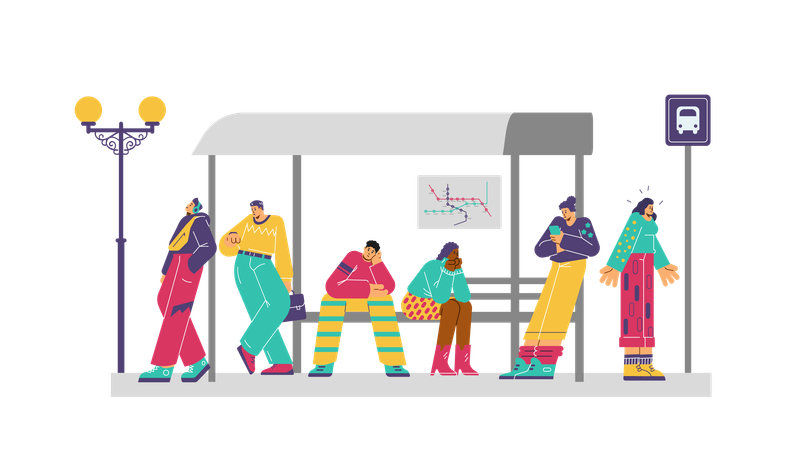 Frustrated people waiting for public transport on bus stop  Illustration