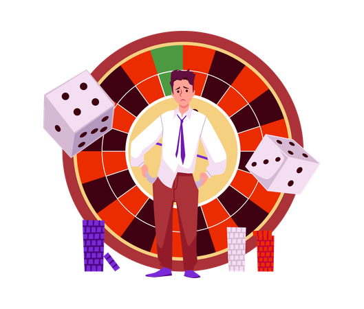 Frustrated player who lost everything stands in front of casino roulette  Illustration