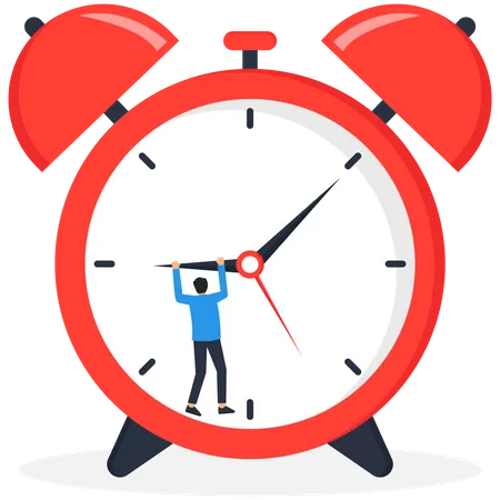 Frustrated stress businessman holding clock hour hands while minute  Illustration