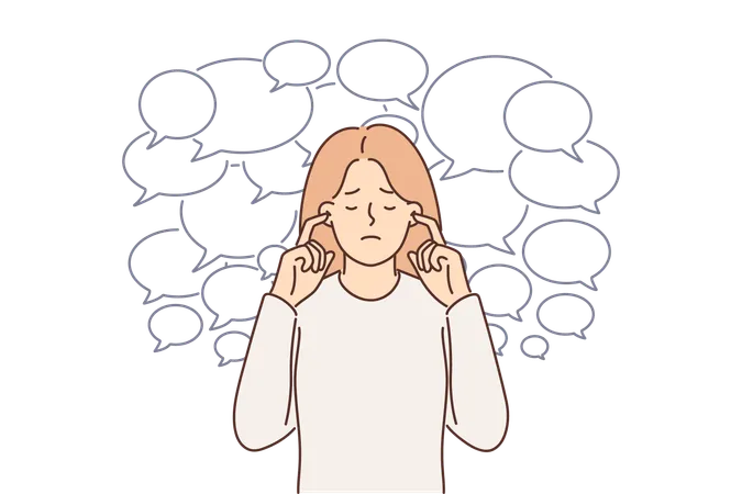 Frustrated Woman Does Not Want To Hear Opinions Of Others And Closes Ears Frustrated Girl Standing Among Conversation Bubbles Defending Herself From Misinformation And Fake News Or Propaganda Illustration