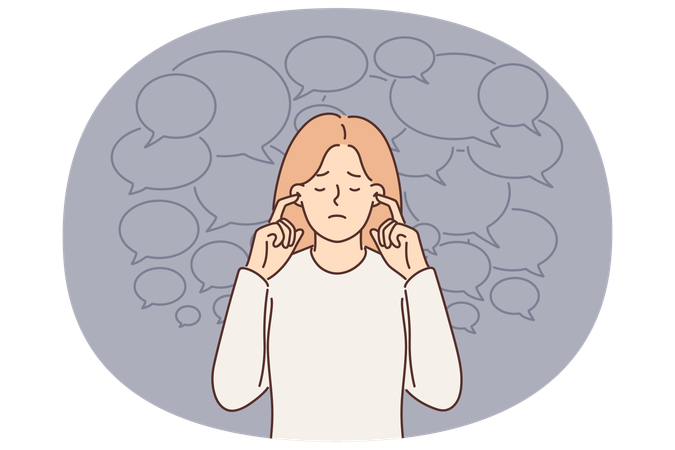 Frustrated woman does not want to hear opinions of others and closes ears from propaganda  Illustration
