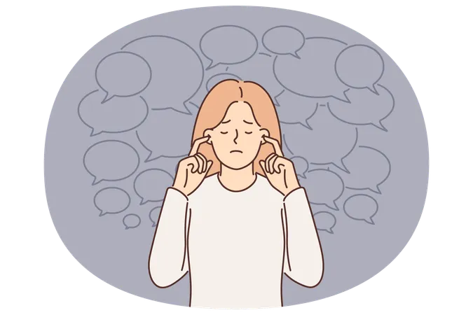 Frustrated woman does not want to hear opinions of others and closes ears from propaganda  Illustration