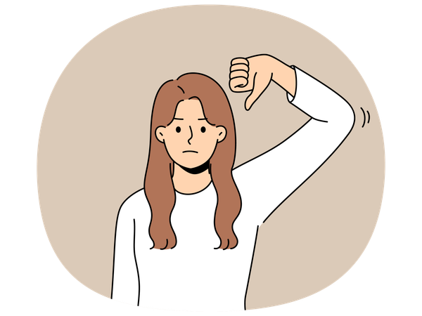 Frustrated woman gives thumbs down as sign of disbelief or rejection of proposed plans  Illustration