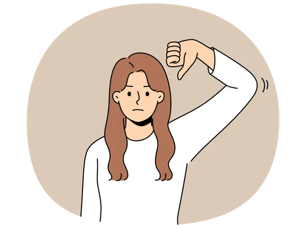 Frustrated woman gives thumbs down as sign of disbelief or rejection of proposed plans  Illustration