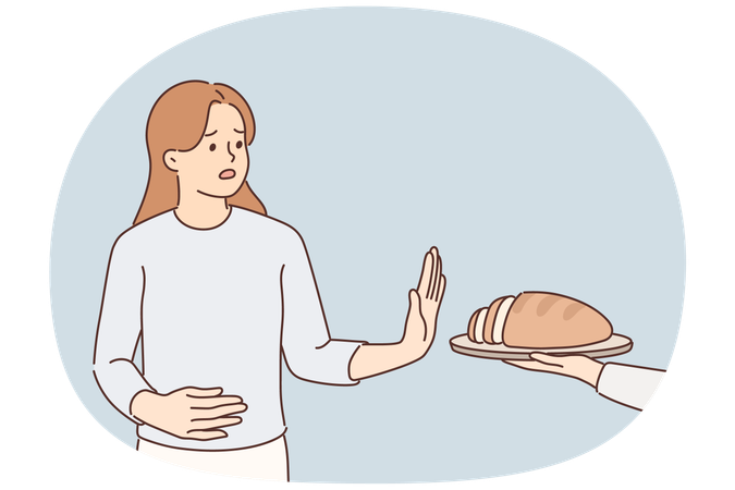 Frustrated woman holding on to stomach refuses bread due to allergies and gluten intolerance  Illustration