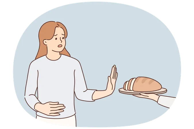 Frustrated woman holding on to stomach refuses bread due to allergies and gluten intolerance  Illustration