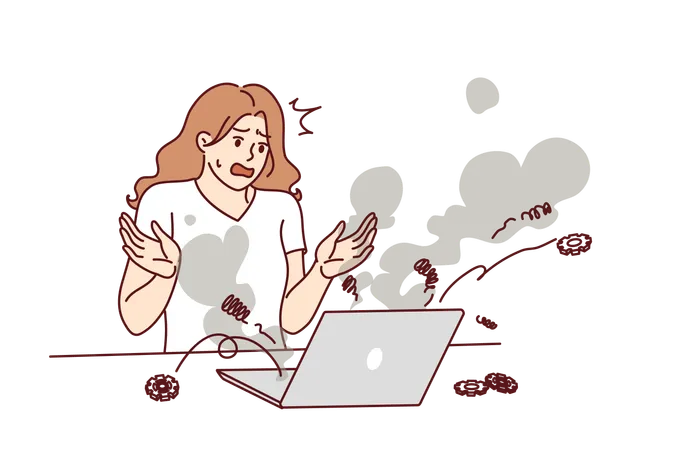 Stressed Woman Stands Near Exploding Laptop And Screams In Fear In Need Of Help Of Computer Wizard Frightened Girl Calls For Help From System Administrator After Breakdown Of Portable Computer Illustration
