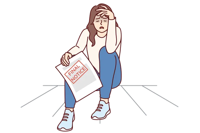 Frustrated Woman Holding Bank Document With Inscription Final Notice And Crying Sitting On Floor Girl Lost House Due To Not Being Able To Pay Bills During Financial Crisis Or Recession Illustration