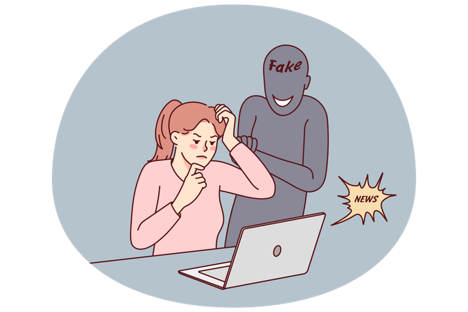 Frustrated woman reading fake news on computer  Illustration