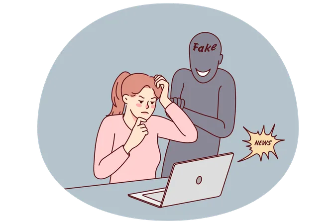 Frustrated woman reading fake news on computer  Illustration