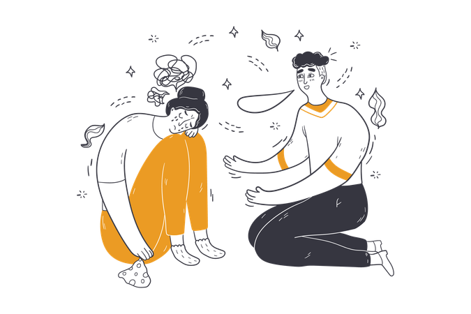 Frustrated woman sitting on floor with man  Illustration