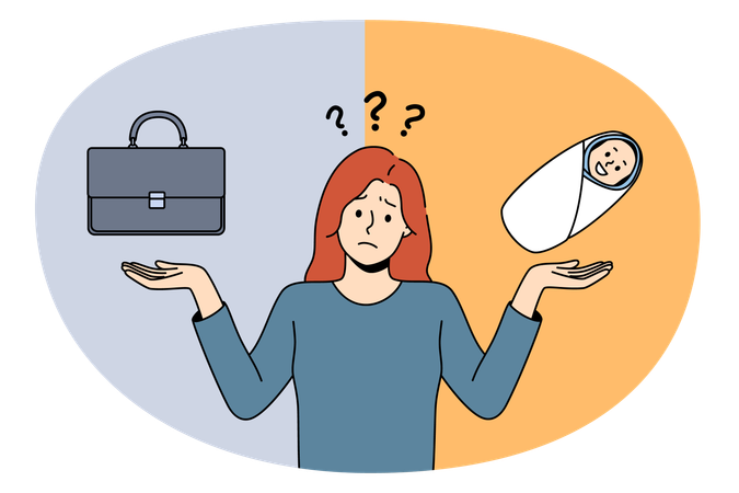Frustrated woman standing and trying to choose between giving birth and having great career  Illustration
