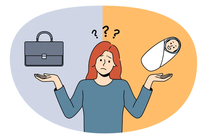 Frustrated woman standing and trying to choose between giving birth and having great career  Illustration