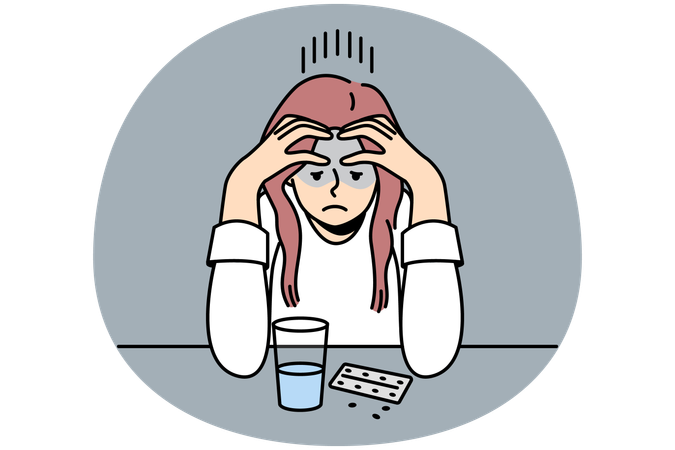 Frustrated woman think about taking pills  Illustration