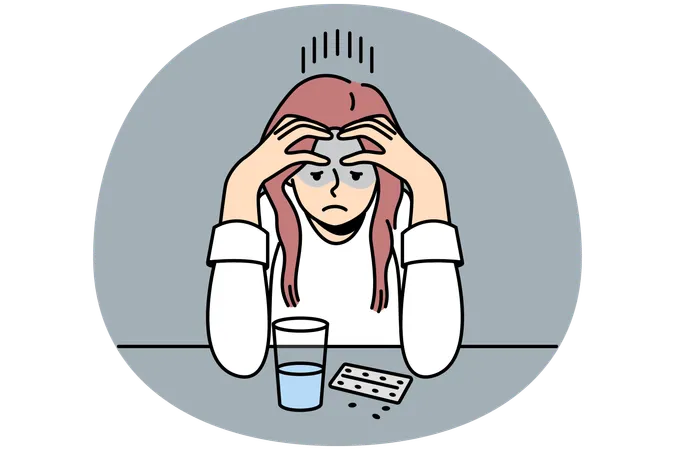 Frustrated woman think about taking pills  Illustration