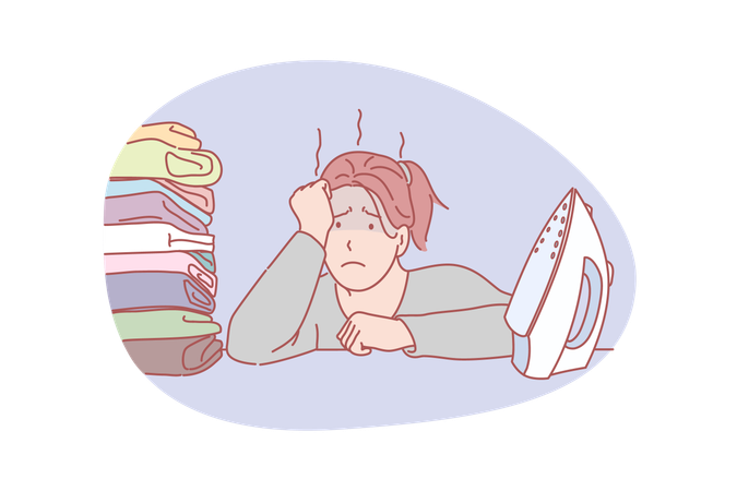Frustrated woman work loaded with ironing sitting in front of iron and pile of clothes  Illustration