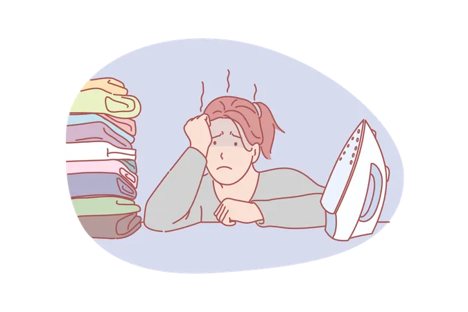 Frustrated woman work loaded with ironing sitting in front of iron and pile of clothes  Illustration