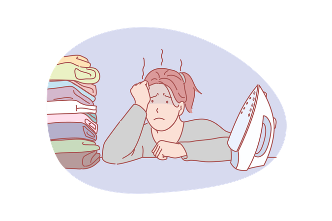 Frustrated woman work loaded with ironing sitting in front of iron and pile of clothes  일러스트레이션