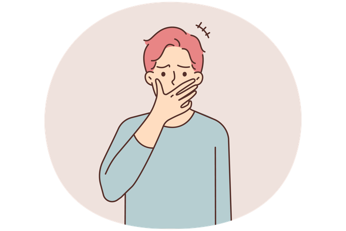 信じられないニュースにショックを受け、イライラした若者が口を覆う  イラスト