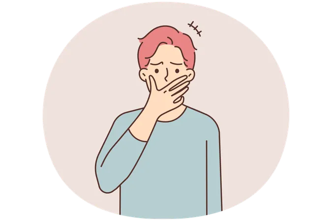信じられないニュースにショックを受け、イライラした若者が口を覆う  イラスト