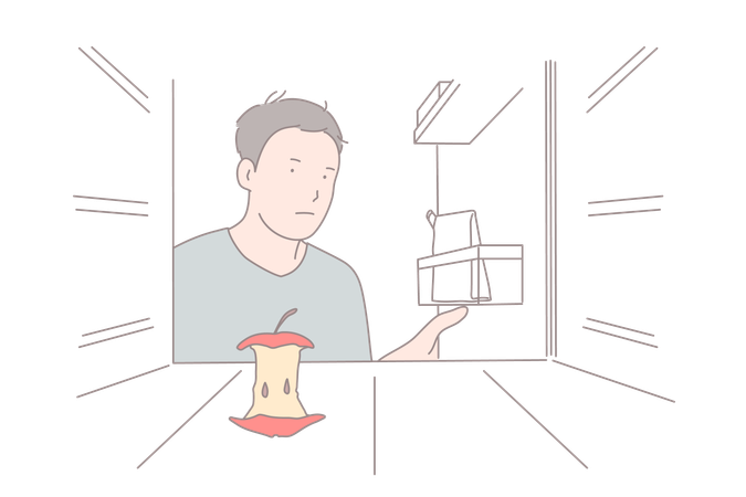 Frustrated young man opening refrigerator door  Illustration