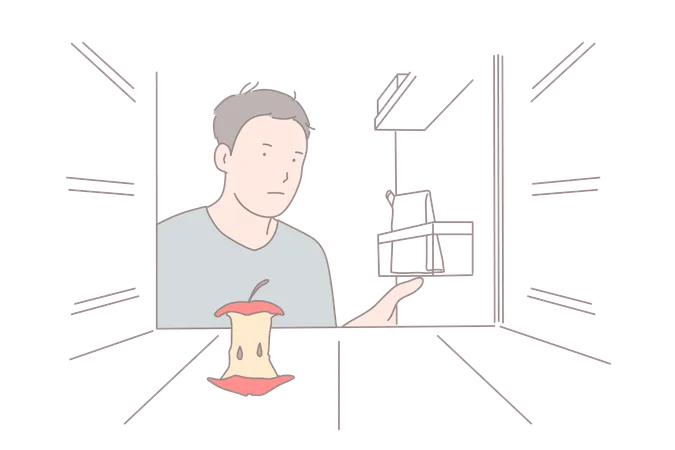 Frustrated young man opening refrigerator door  Illustration