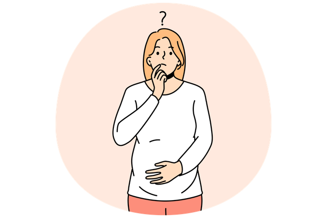 Frustrated young pregnant woman touch belly feeling doubtful thinking.  Illustration