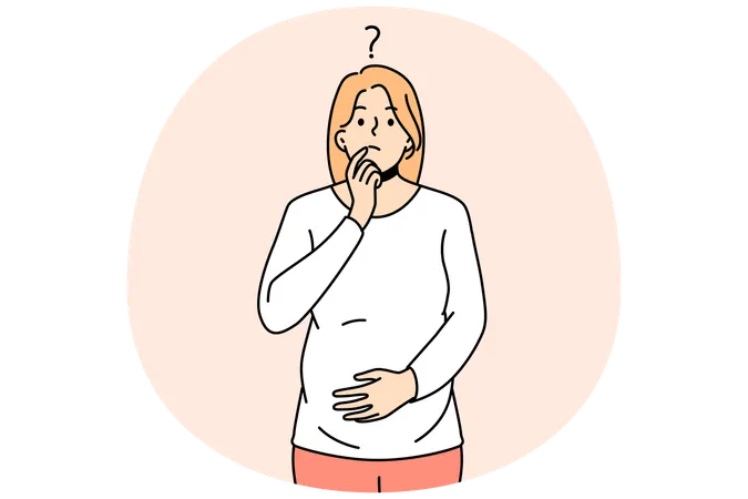Frustrated young pregnant woman touch belly feeling doubtful thinking.  Illustration
