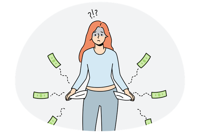 Frustrated young woman with empty pockets suffer from bankruptcy  Illustration