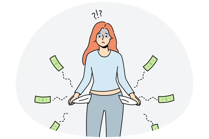 Frustrated young woman with empty pockets suffer from bankruptcy  Illustration