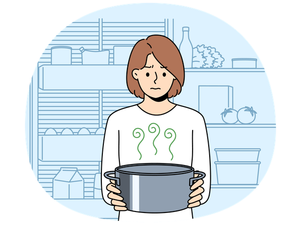 Frustrierte Hausfrau mit Topf saurer Suppe, spürt schlechten Geruch von verdorbenem Essen  Illustration