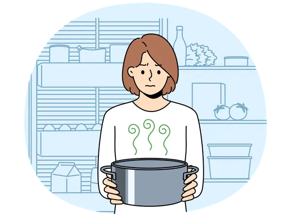 Frustrierte Hausfrau mit Topf saurer Suppe, spürt schlechten Geruch von verdorbenem Essen  Illustration
