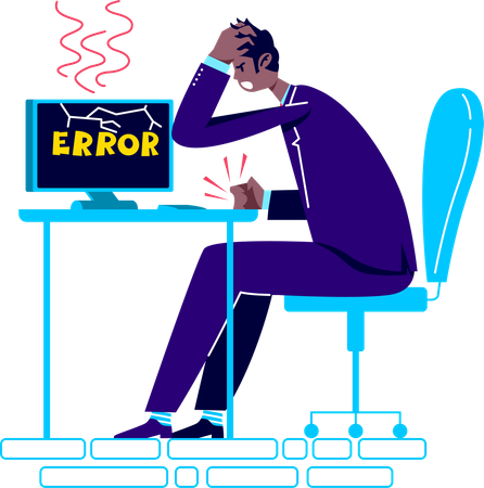 Frustrierter Büroangestellter sitzt am Computer mit Fehlermeldung auf dem Bildschirm  Illustration