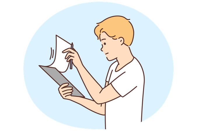 Frustrierter Mann prüft Papierkram  Illustration