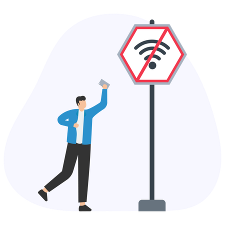Frustrierter Mann sucht in WLAN-freier Zone nach WLAN-Netzwerk  Illustration