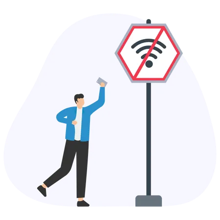 Frustrierter Mann sucht in WLAN-freier Zone nach WLAN-Netzwerk  Illustration
