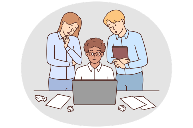 Frustrierte Mitarbeiter haben Probleme bei der Arbeit am Laptop  Illustration