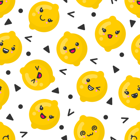 Frutas de limão sorridentes e fofas, padrão sem costura vetorial em fundo branco  Ilustração