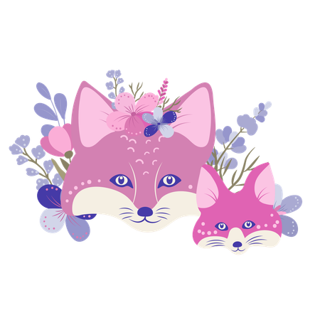 Fuchsmutter und Fuchsbaby mit Blumen  Illustration