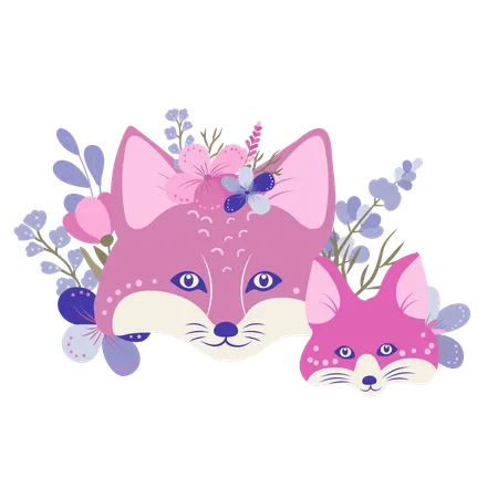 Fuchsmutter und Fuchsbaby mit Blumen  Illustration