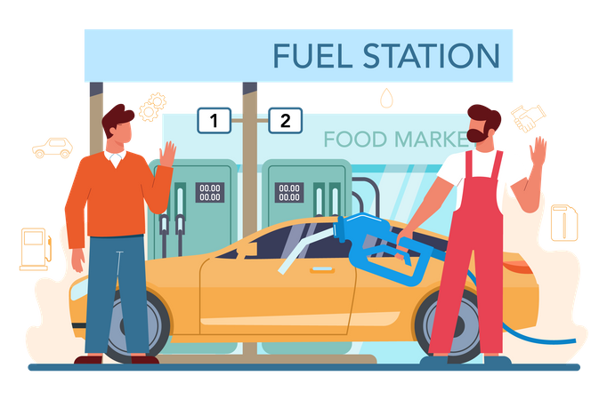 Fuel station worker filling petrol into car  Illustration