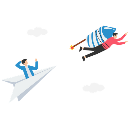 Führung, um den Geschäftswettbewerb zu gewinnen, Gewinner oder Wettbewerbsvorteil für den Erfolg bei der Arbeit, Innovations- und Motivationskonzept, Geschäftsmann reitet auf einer schnellen Rakete, um gegen andere Origami-Flugzeuge zu gewinnen.  Illustration