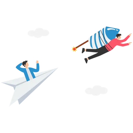 Führung, um den Geschäftswettbewerb zu gewinnen, Gewinner oder Wettbewerbsvorteil für den Erfolg bei der Arbeit, Innovations- und Motivationskonzept, Geschäftsmann reitet auf einer schnellen Rakete, um gegen andere Origami-Flugzeuge zu gewinnen.  Illustration