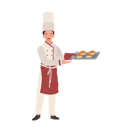 Full Length Bakery Chef Illustration With Fresh Baked Bun Flat Vector Cartoon Illustration Illustration
