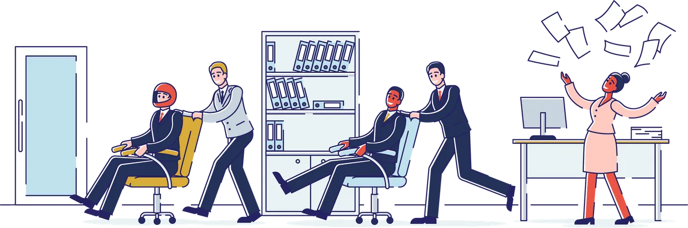 Concept Of Office Corporate Culture In Company Business People Are Having Fun At The Office Characters Ride Armchairs And Throw Up Documents Cartoon Linear Outline Flat Style Vector Illustration Illustration