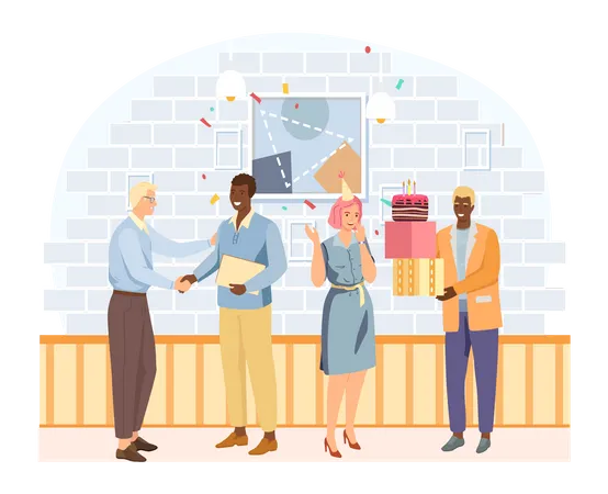 Birthday Party In Office Flat Vector Illustration Workers Organize Holiday Congratulate Boss Interaction Entertainment At Workplace Business Team Celebrate Giving Gifts And Cake To Colleague Illustration
