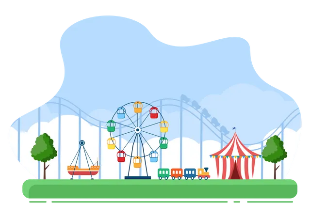 Fun rides at amusement park  Illustration
