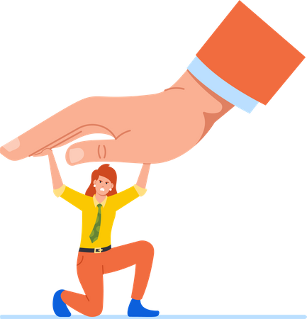 Funcionária feminina resiste à enorme mão do chefe empurrá-la para baixo, simbolizando a dinâmica de poder no local de trabalho  Ilustração