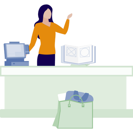 Funcionária trabalhando no balcão de verificação  Ilustração